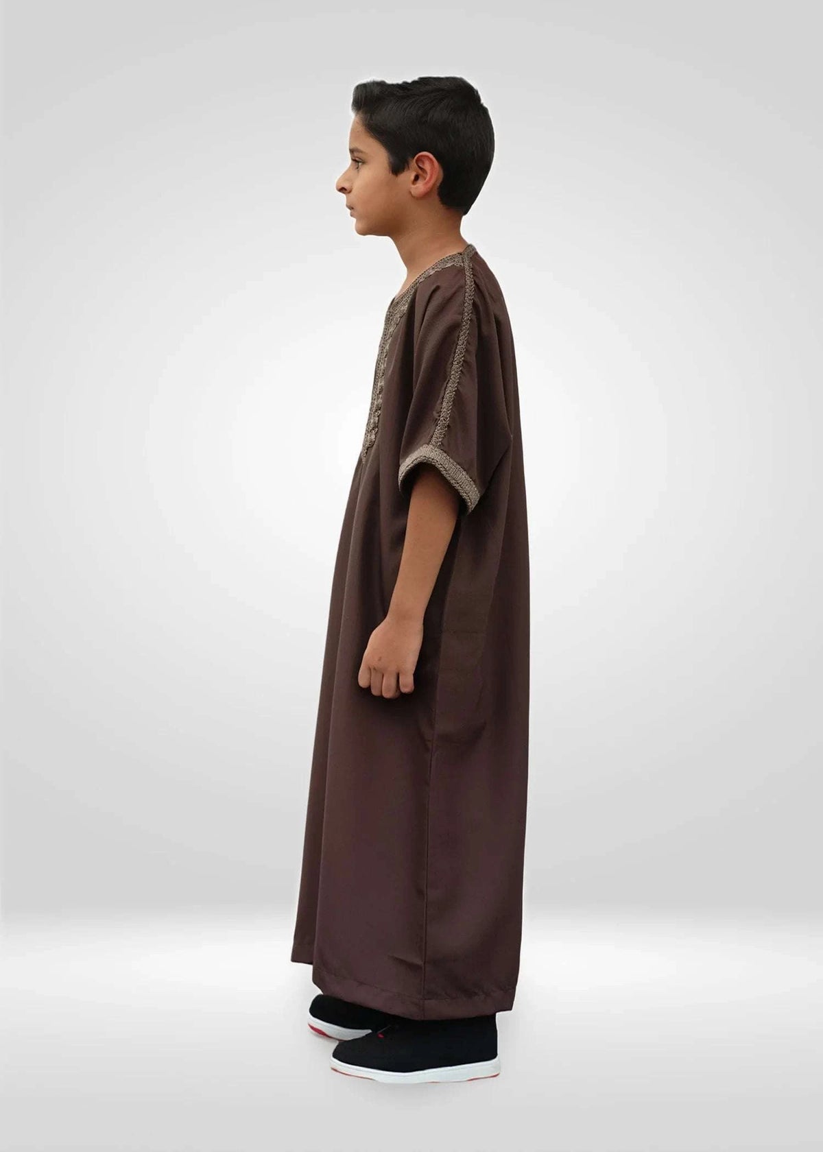 Brown Moroccan thobe for boys, shown from the side