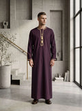 Men's Burgundy Emirati Thobe – V-Neck with Tarboush