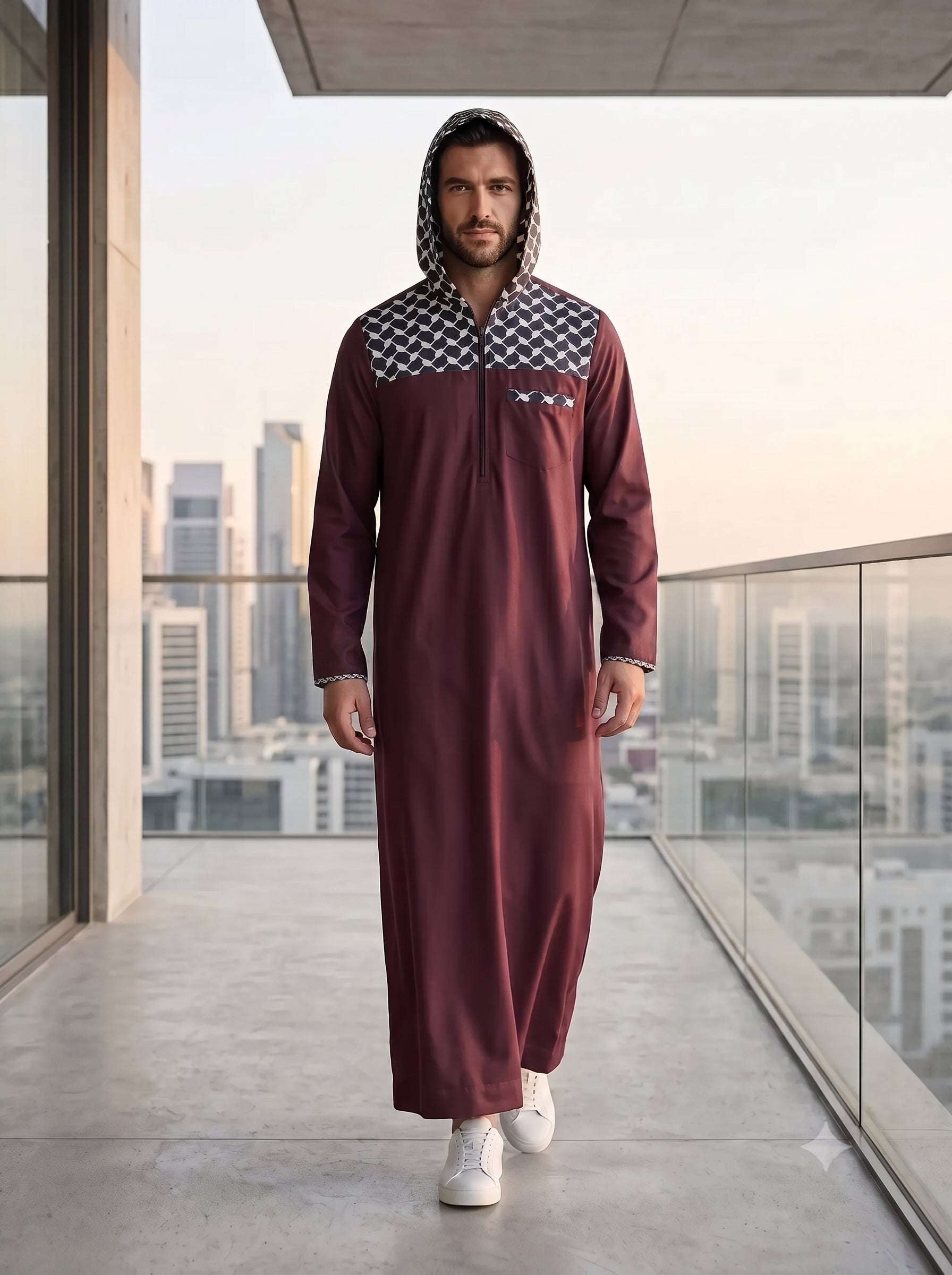 Burgundy hooded sport thobe with thin piping for men, full front view