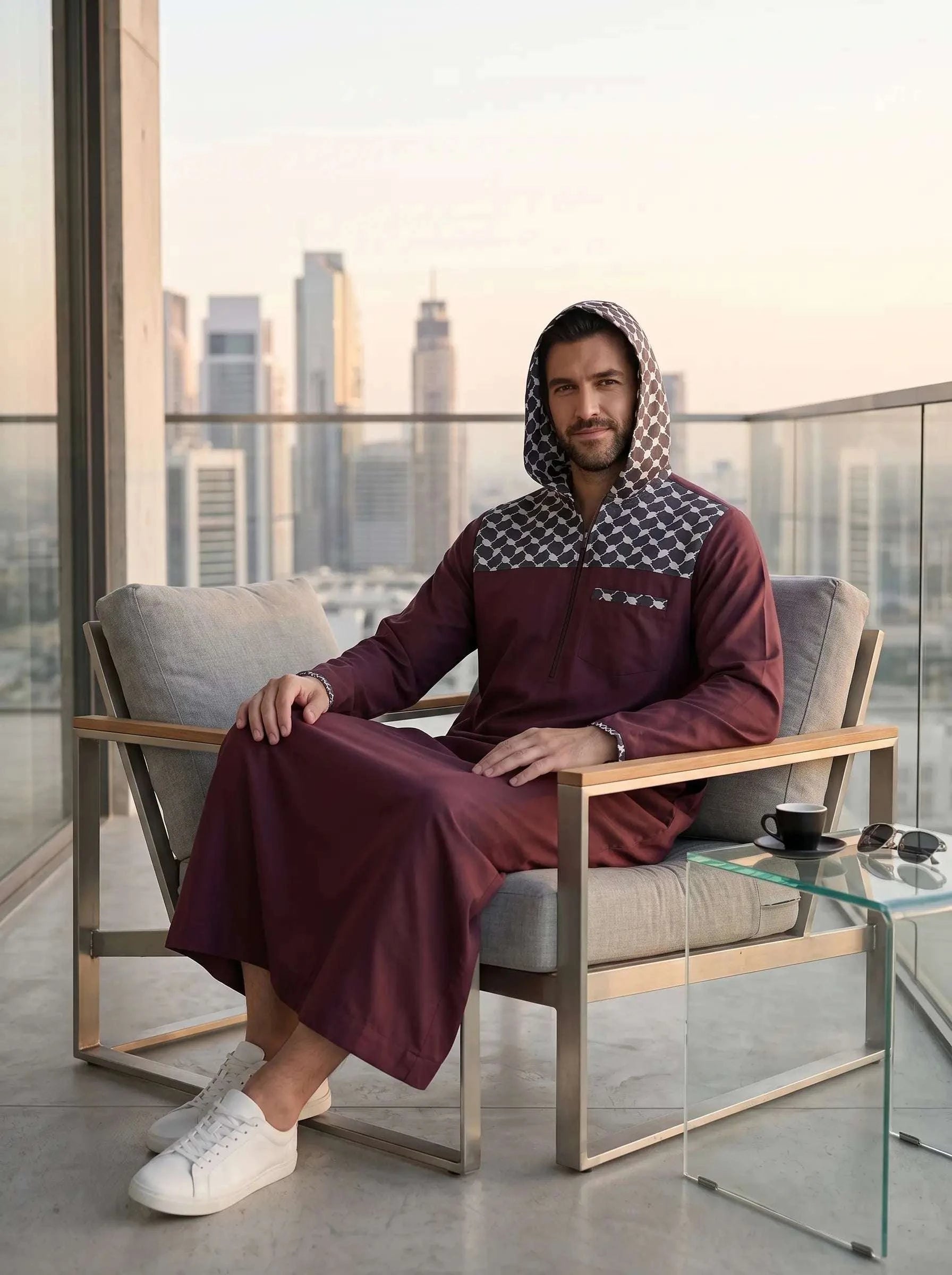 Burgundy hooded sport thobe with thin piping for men, hood and zip detail