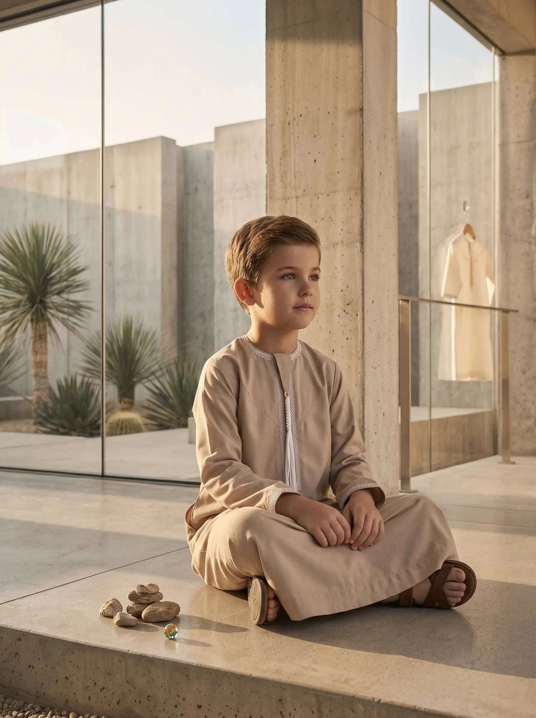 Camel Emirati thobe with tarboush for boys, close-up of the fabric