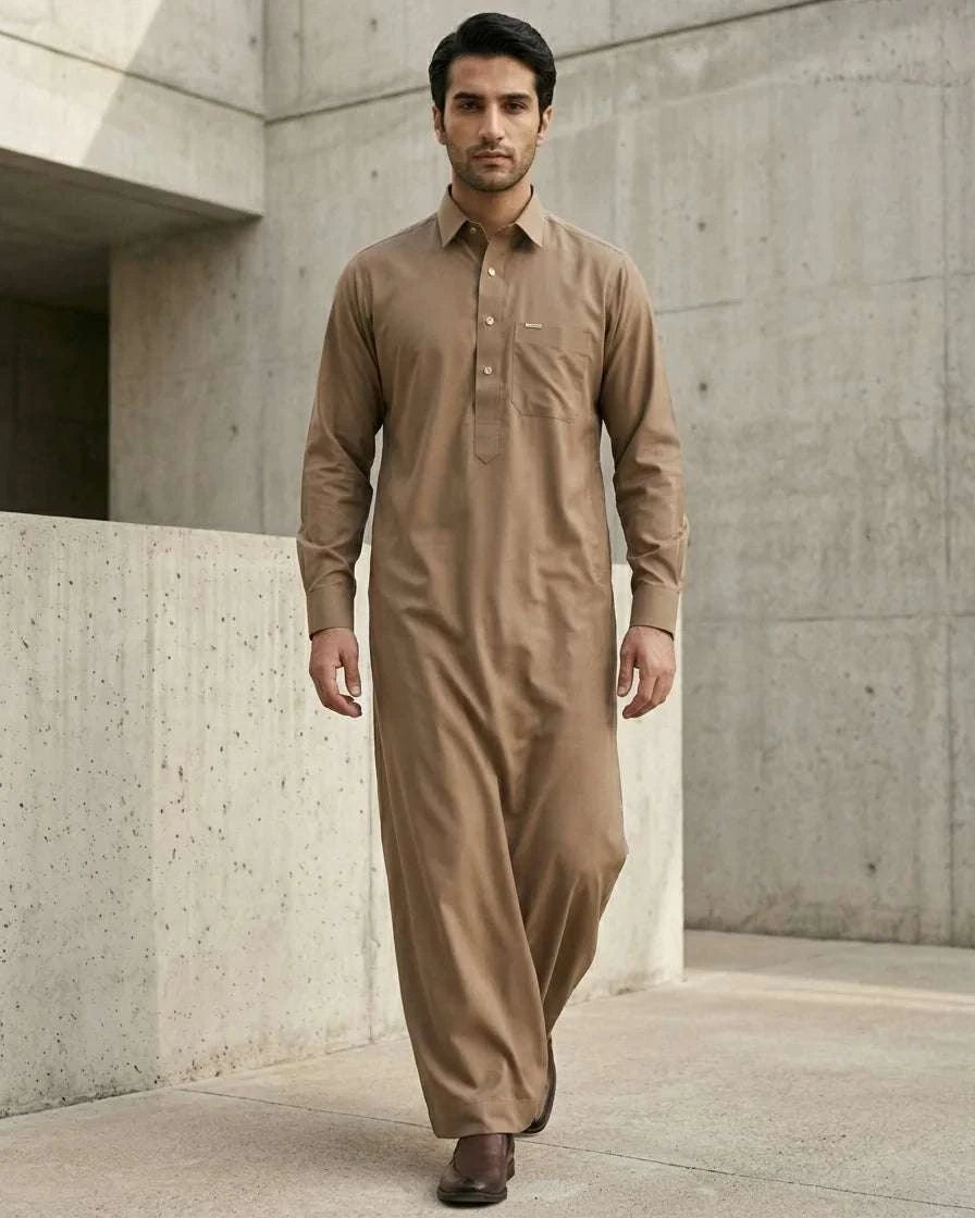 Camel executive thobe with shirt collar for men, full front view
