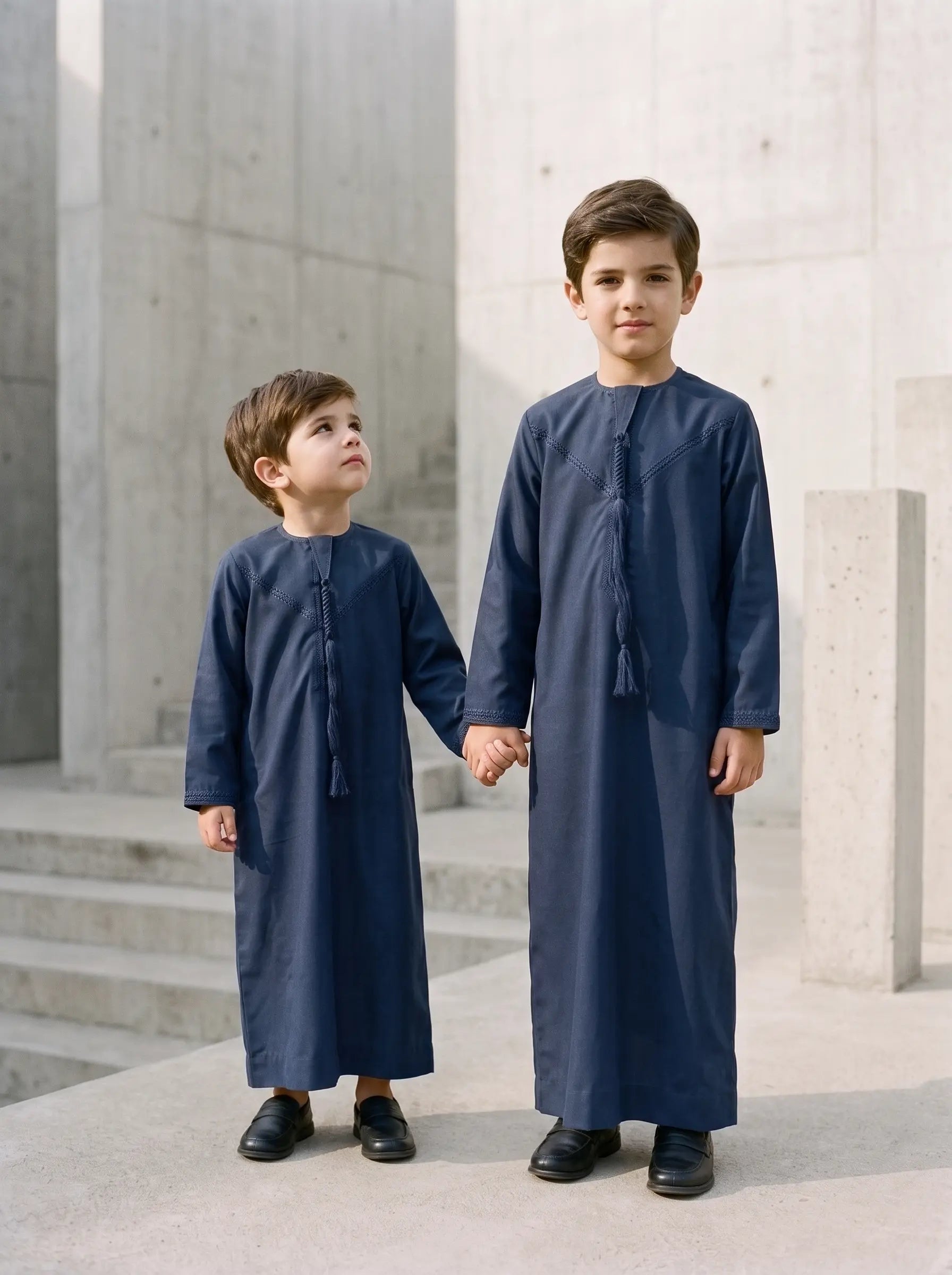 Premium Navy Blue Emirati Thobe for Kids with Braided Tarboush