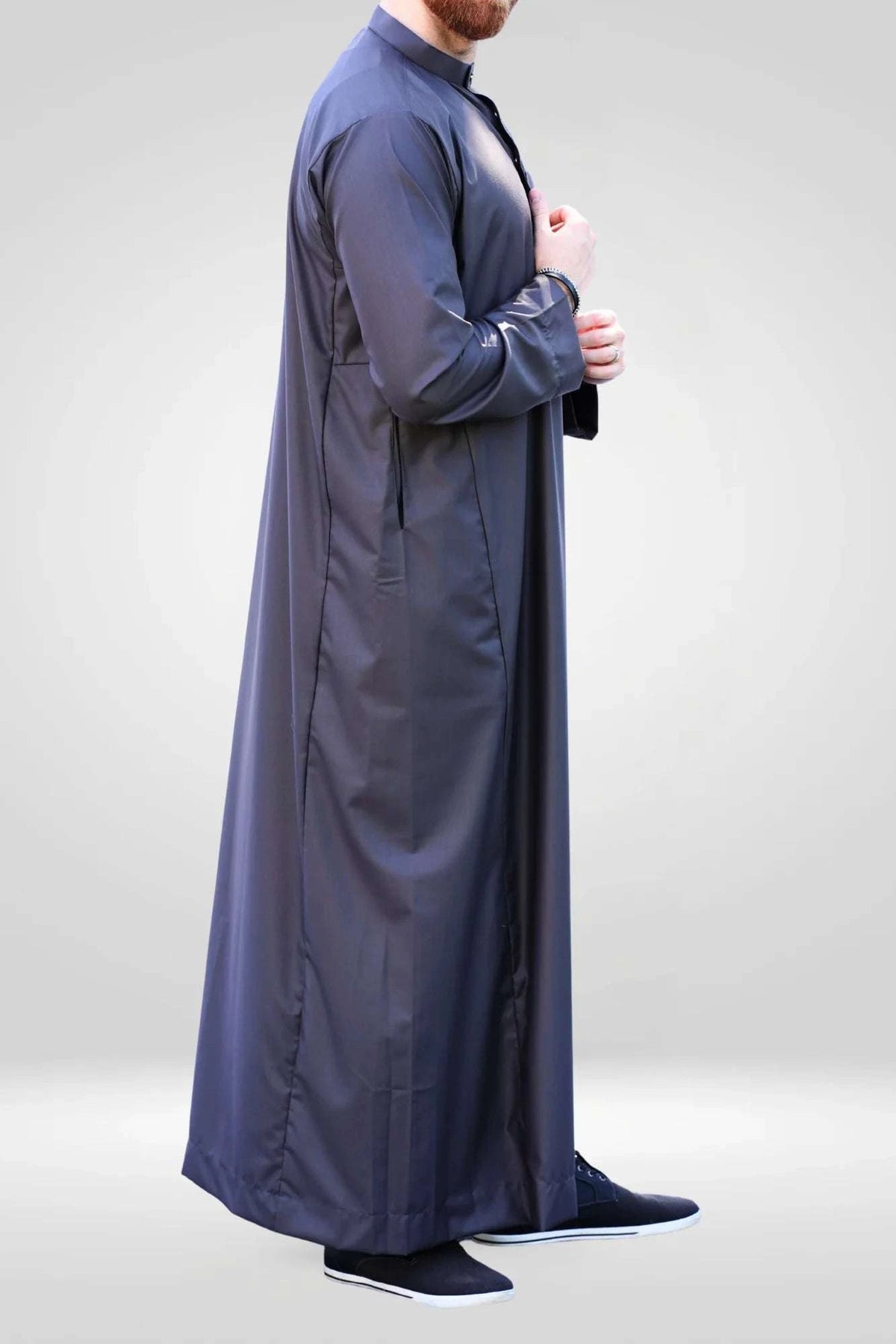 Charcoal thobe with mandarin collar for men, back view