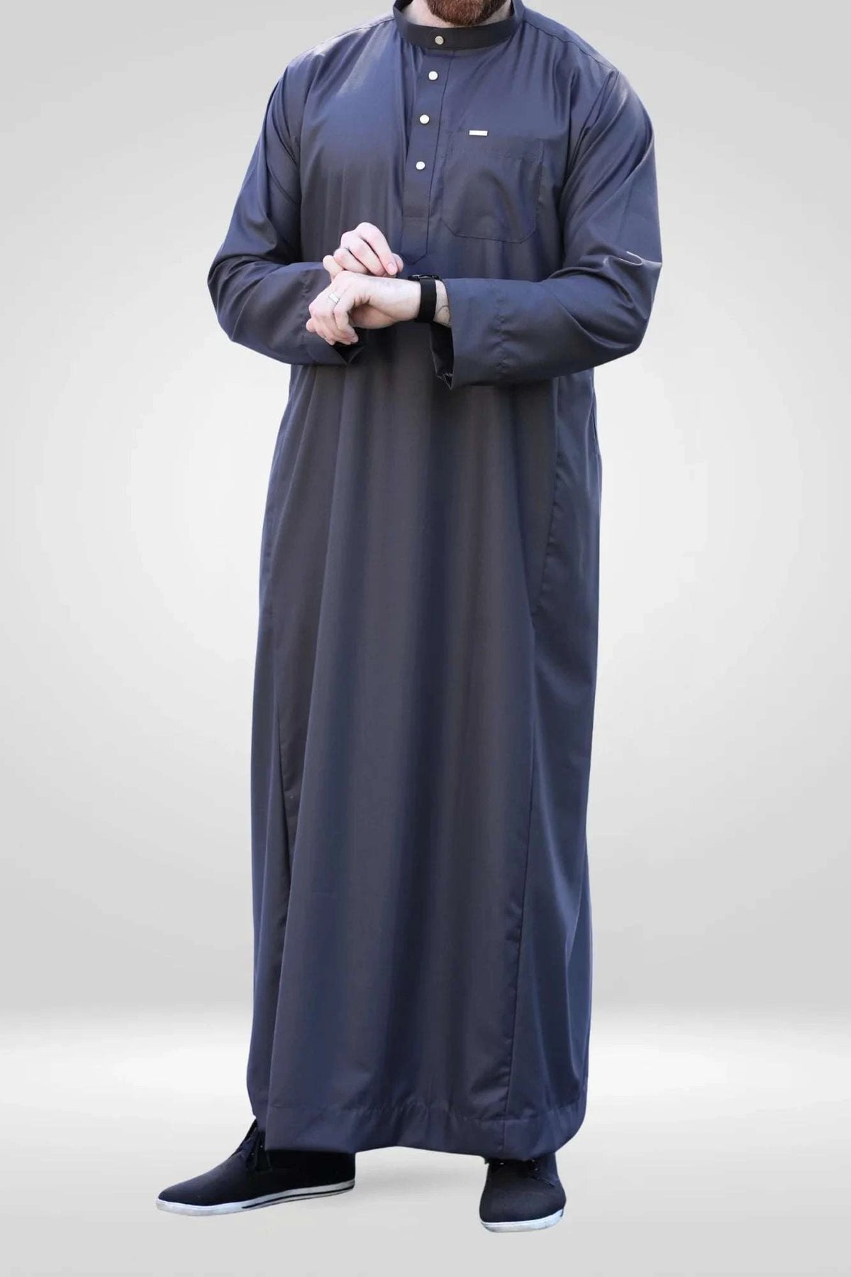 Charcoal thobe with mandarin collar for men, full front view