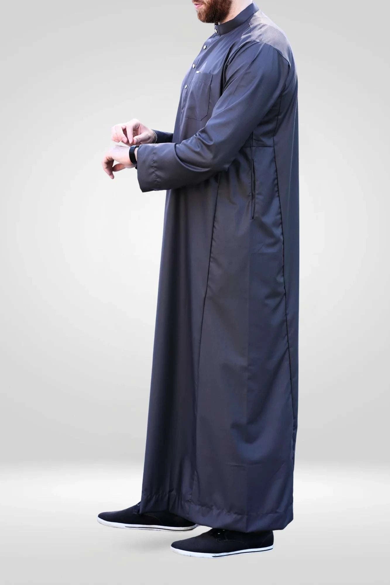 Charcoal thobe with mandarin collar for men, showing the length and sleeve line