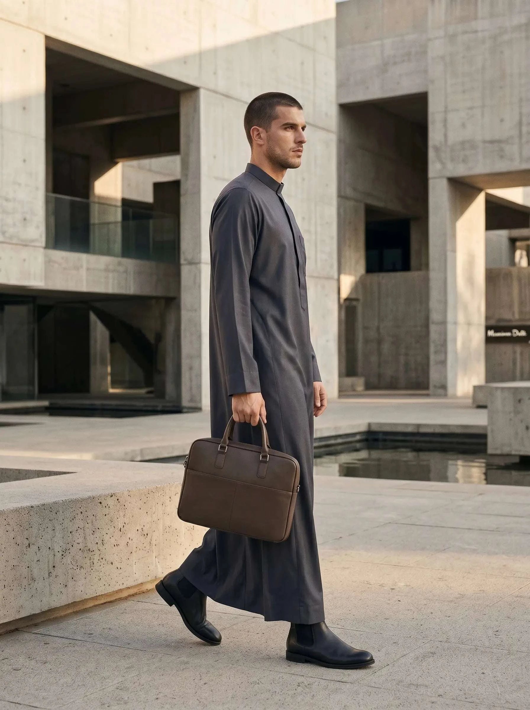 Charcoal minimalist thobe with hidden placket for men, side profile view