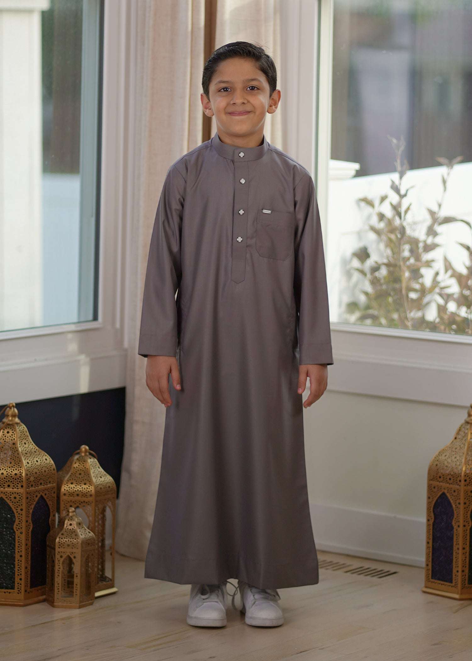 Charcoal thobe for boys, full front view, made for Eid and Jumuah