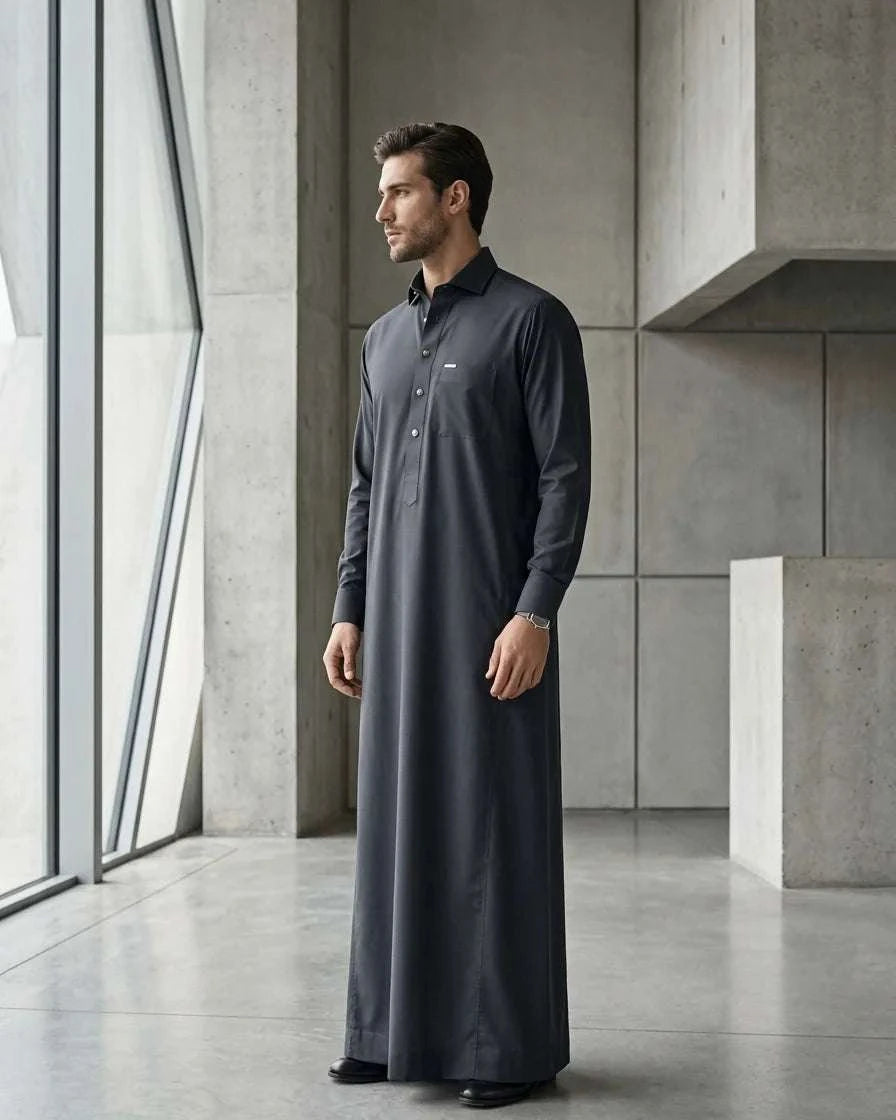 Charcoal thobe with shirt collar for men, a closer look at the finish