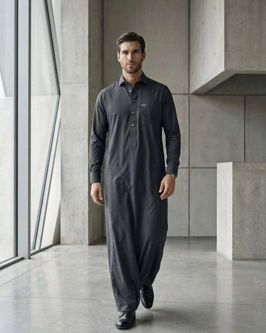 Charcoal thobe with shirt collar for men, full front view