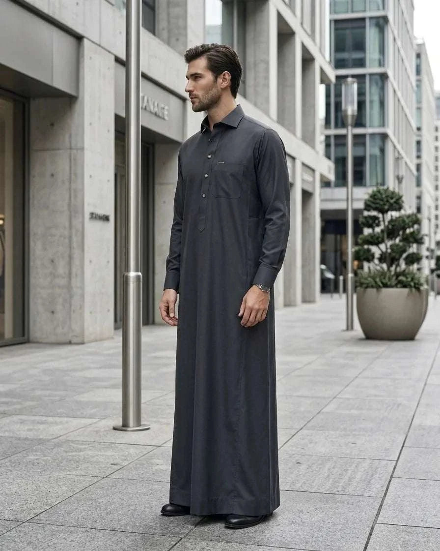 Charcoal thobe with shirt collar for men, showing the length and sleeve line