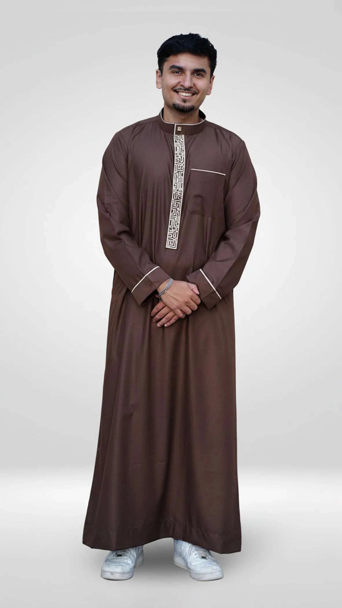Chocolate brown embroidered thobe with beige mandarin collar for men, full front view