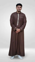 Men's Chocolate Brown Embroidered Thobe – Beige Mandarin Collar