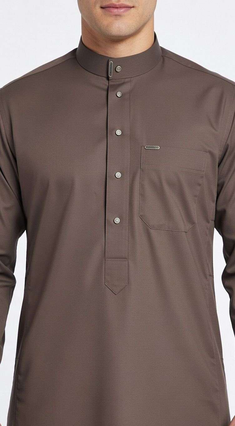 Chocolate brown thobe with formal button-down for men, close-up of the collar and buttons
