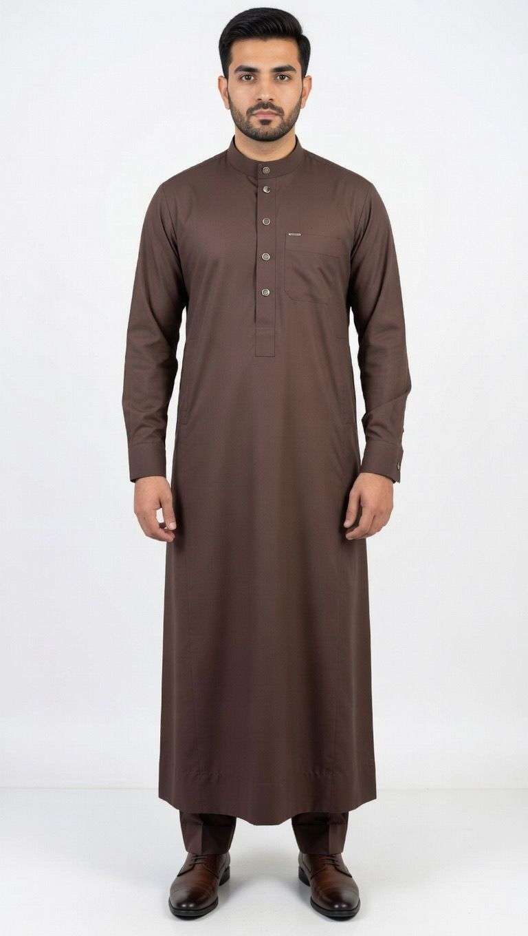 Chocolate brown thobe with formal button-down for men, full front view