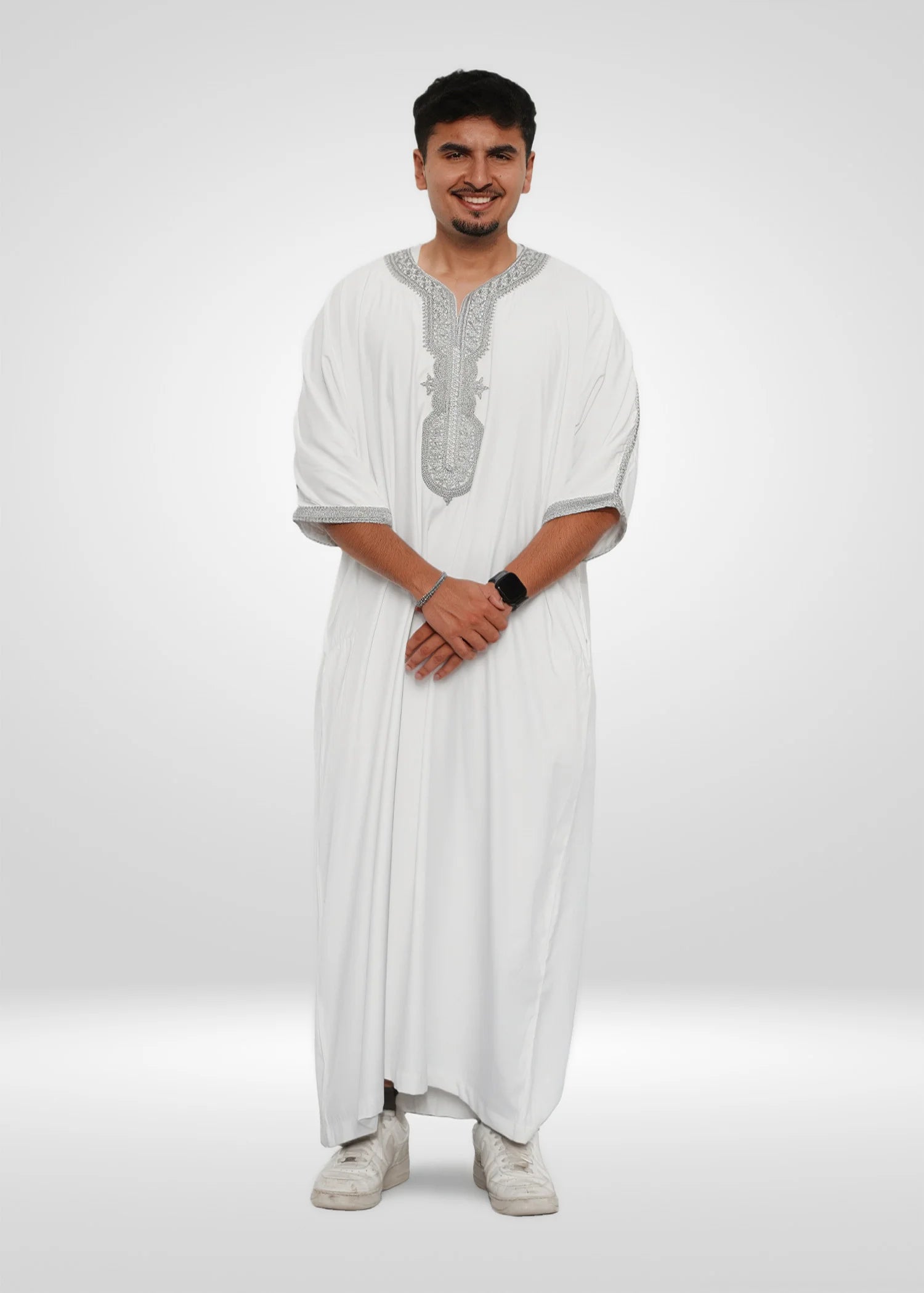 Front view of the White & Silver Moroccan Thobe showing the crisp color and relaxed fit
