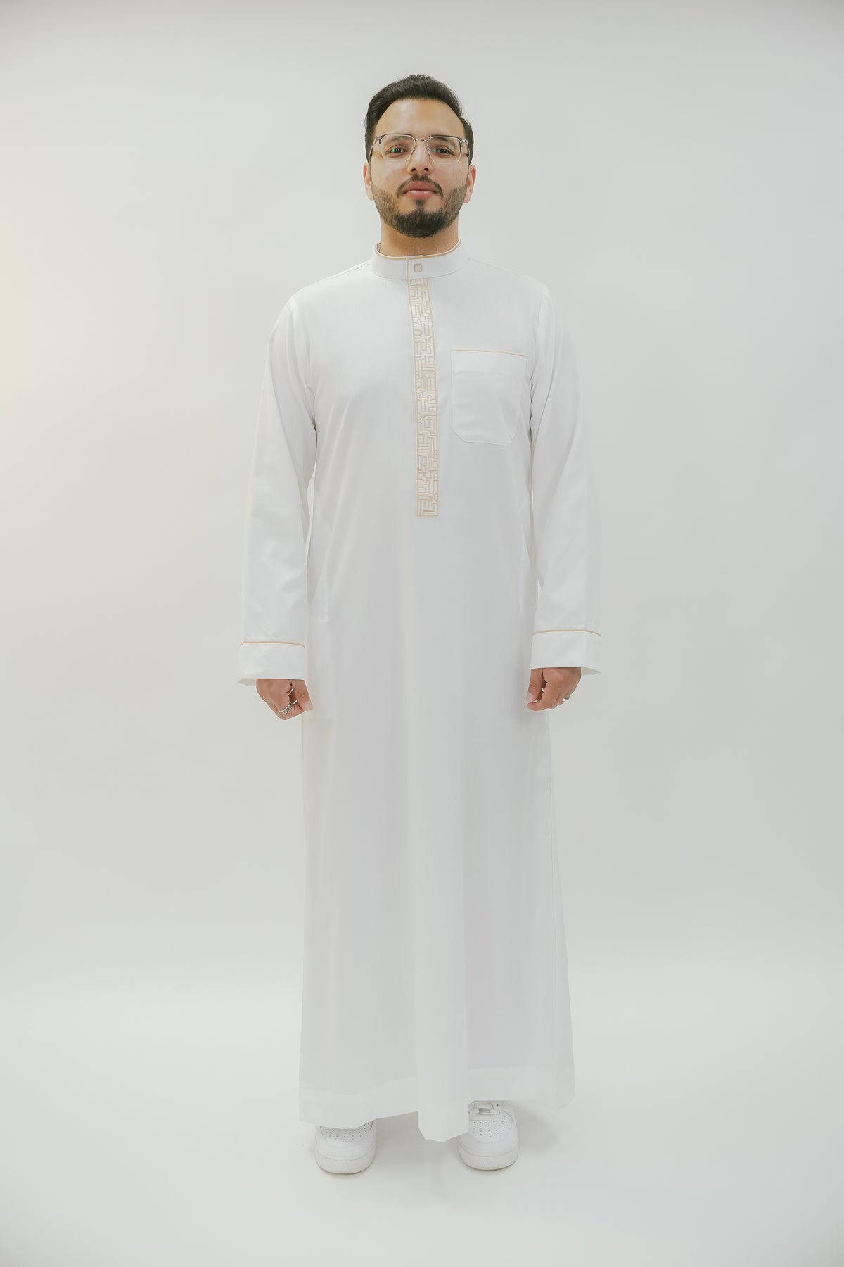 Cream embroidered thobe with gold mandarin collar for men, a further look