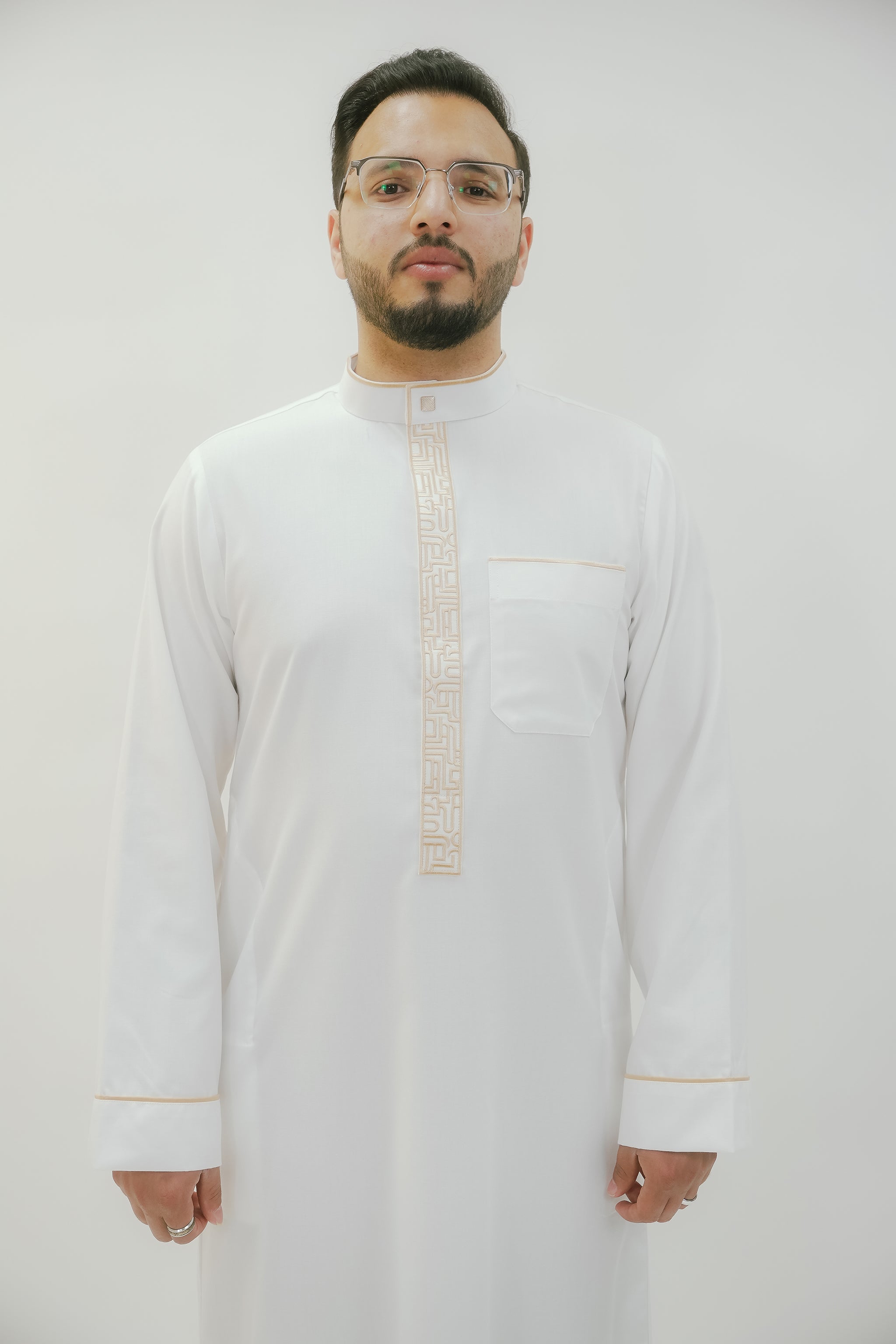Cream embroidered thobe with gold mandarin collar for men, full front view