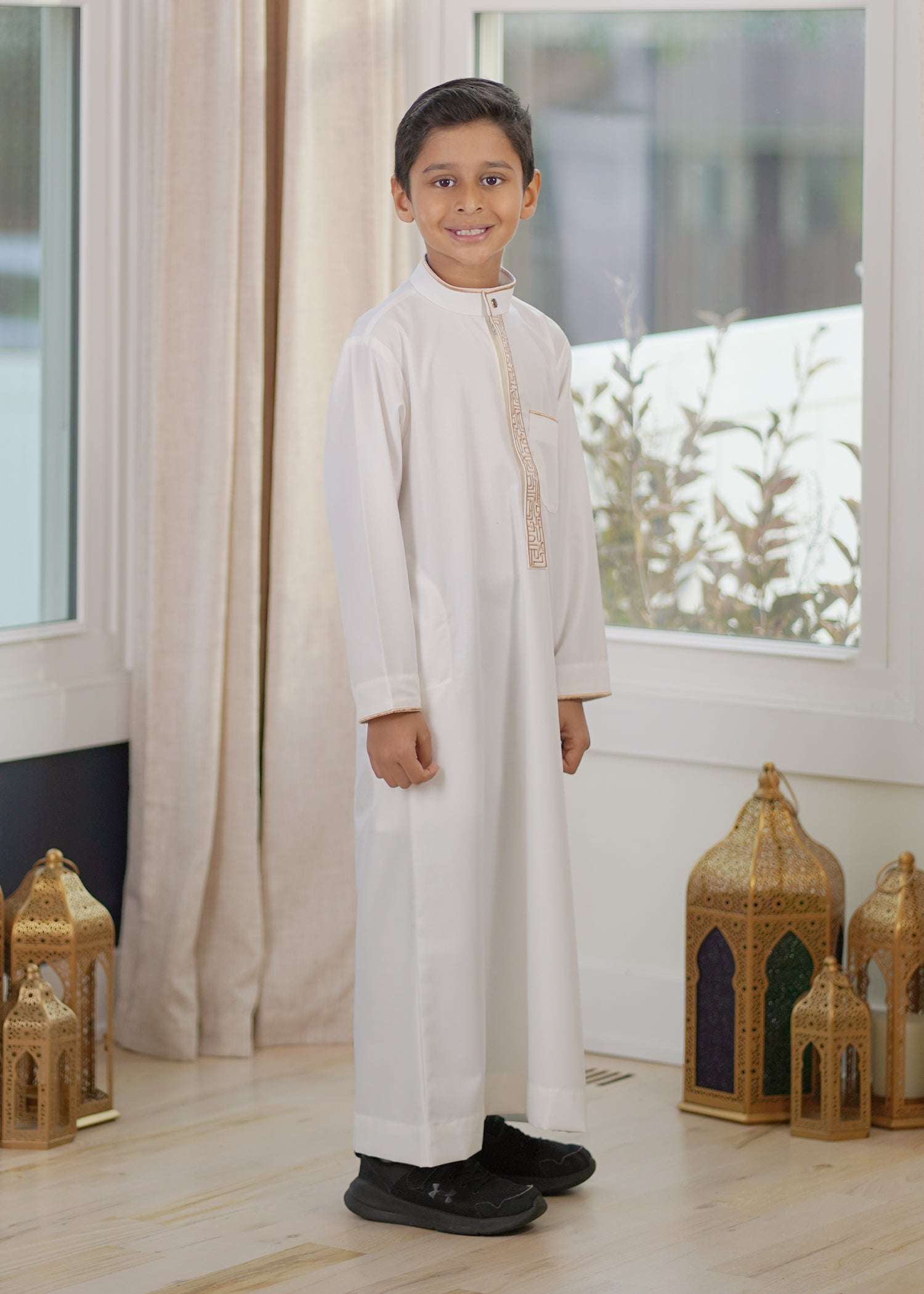 Cream and gold embroidered thobe for boys, full front view