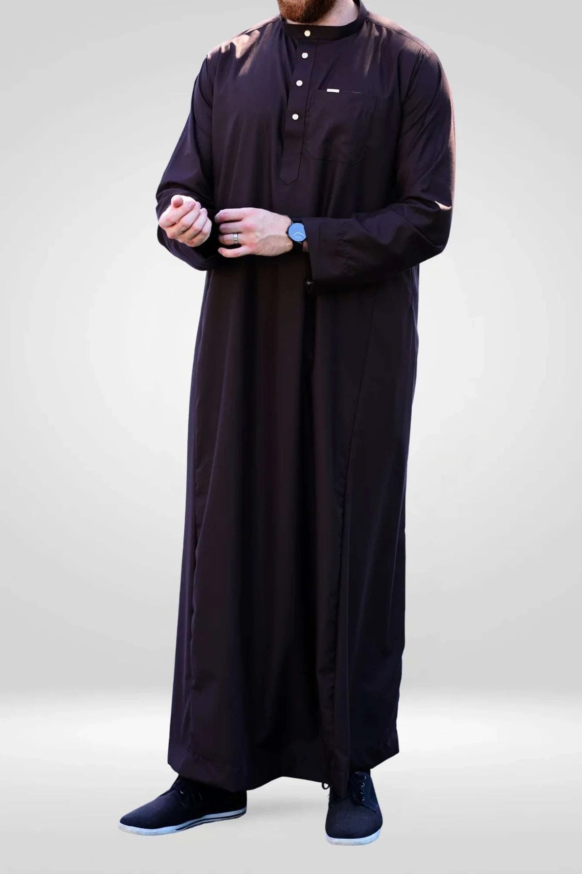 Dark brown thobe with mandarin collar for men, full front view