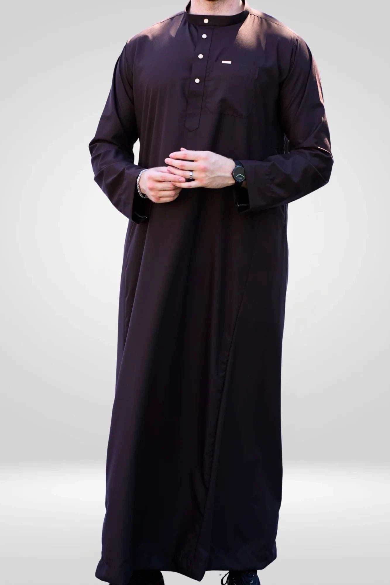 Dark brown thobe with mandarin collar for men, shown from the front