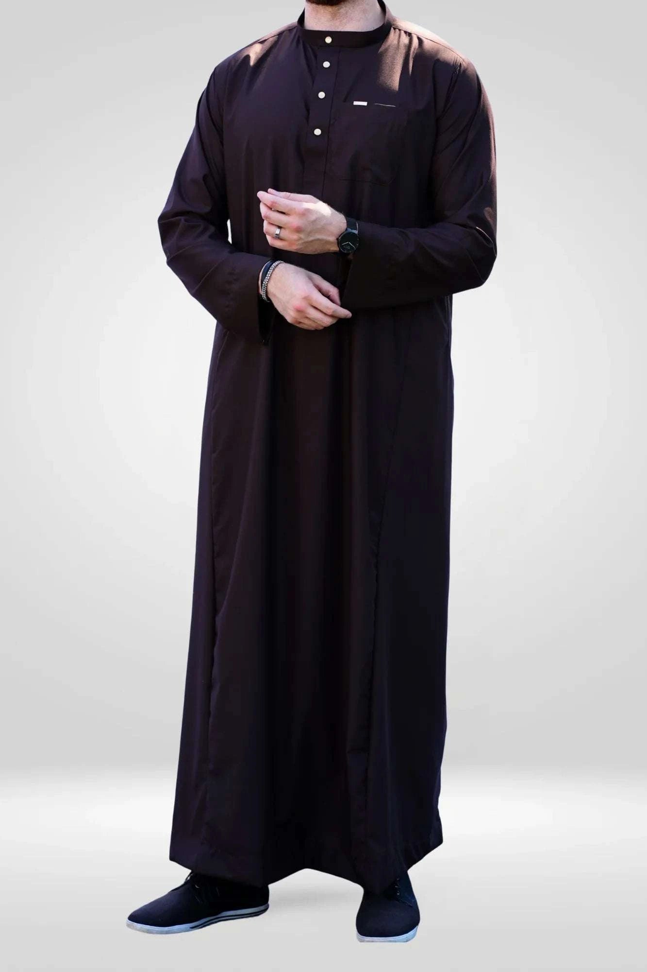 Dark brown thobe with mandarin collar for men, showing the length and sleeve line