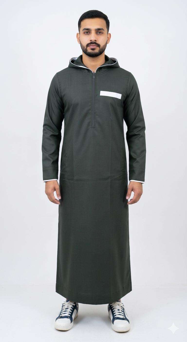 Dark green hooded thobe with athletic half-zip for men, full front view