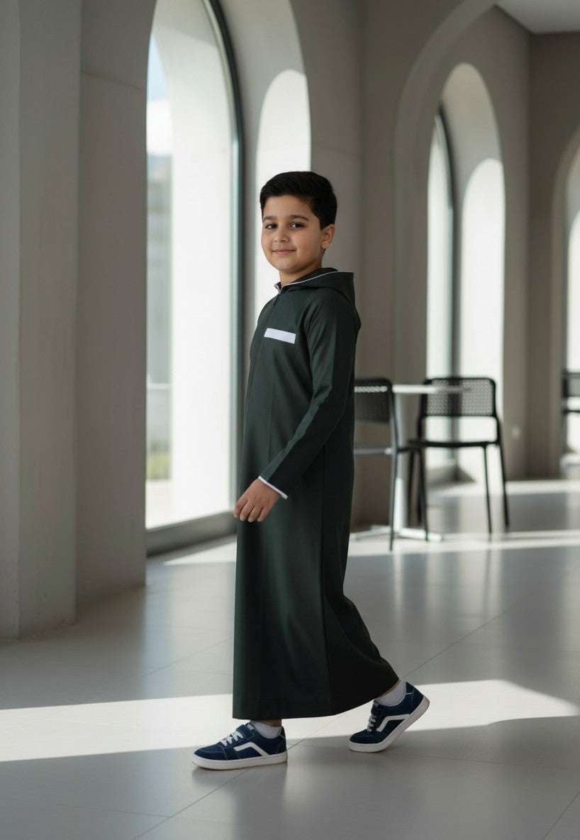 Dark green hooded thobe with athletic half-zip for boys, hood and drawstring in detail