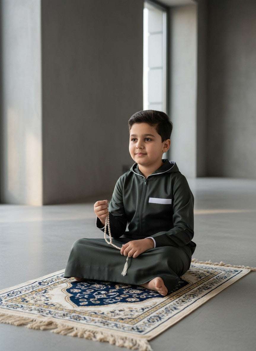 Dark green hooded thobe with athletic half-zip for boys, hood and zip detail
