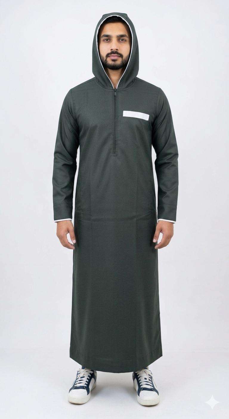 Dark green hooded thobe with athletic half-zip for men, hood and zip detail