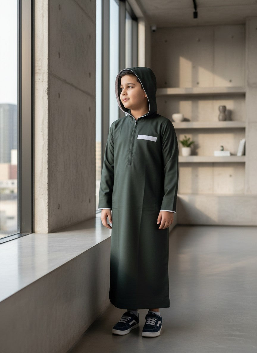 Young boy sitting outdoors on a concrete ledge holding a small notebook, dressed in a casual dark green hooded thobe. Premium quality kids jubba and modern modest fashion designed for active children.