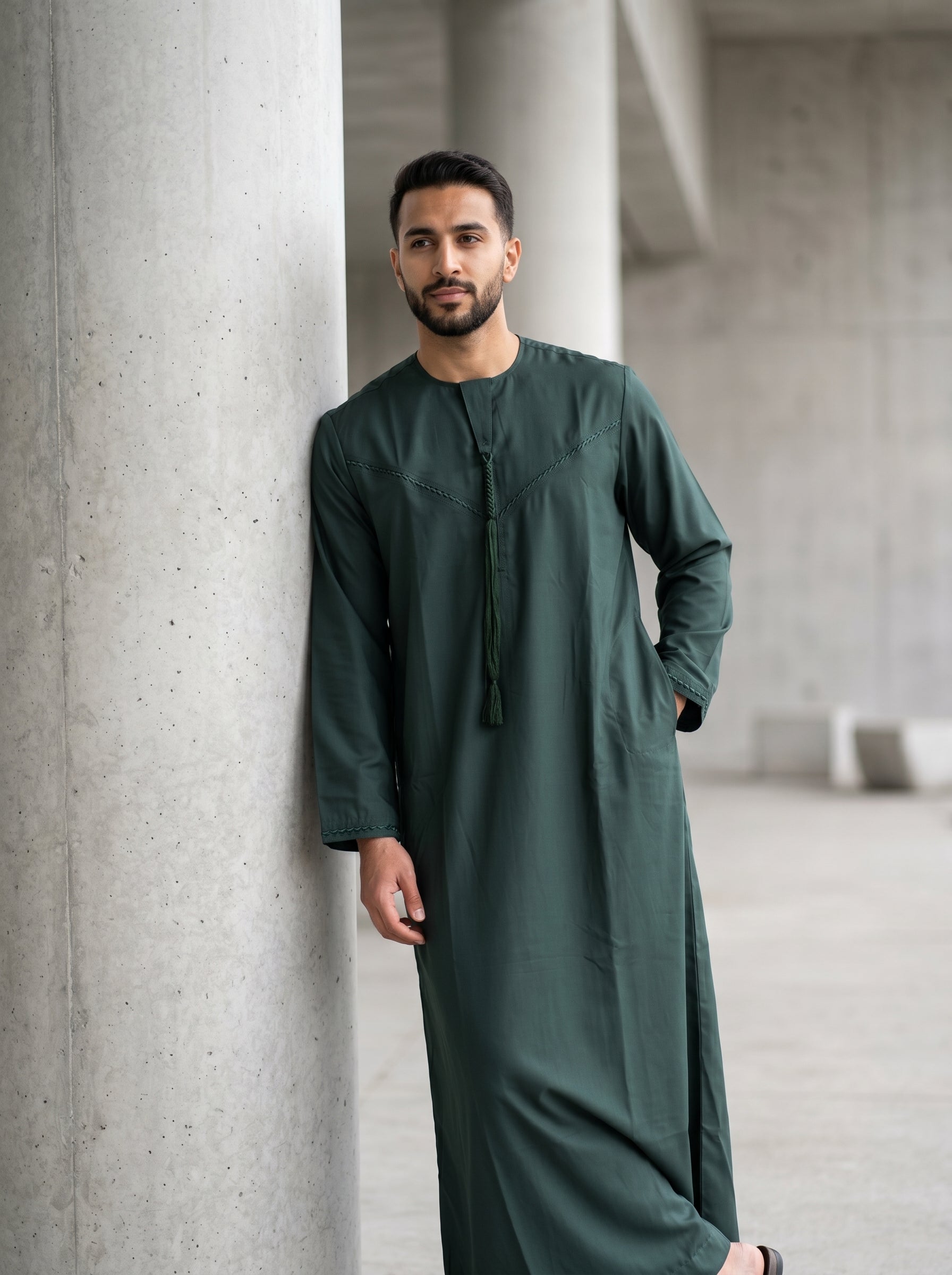 High-end dark green jubbah for men, modest Islamic streetwear, modern Muslim men's fashion, traditional embroidered thobe, everyday Sunnah garments, luxury Arab clothing online, premium quality modest menswear.