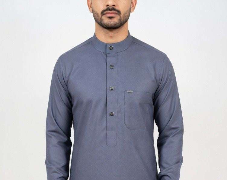 Dark slate gray thobe with formal button-down for men, back view