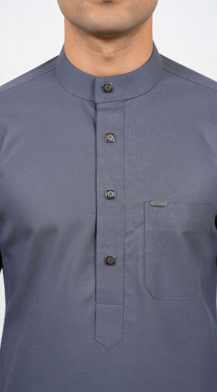 Dark slate gray thobe with formal button-down for men, collar and button detail