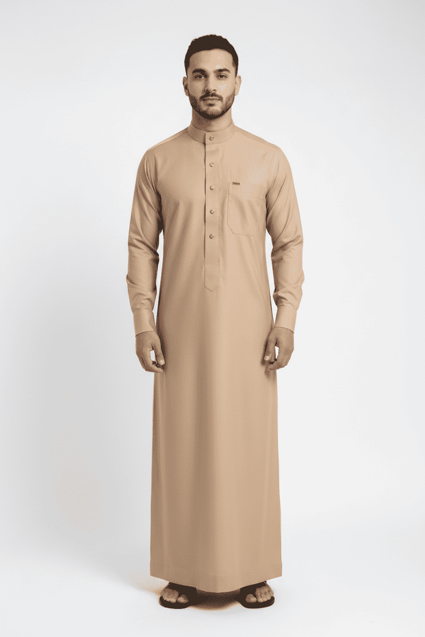 Desert khaki thobe with button-down placket for men, full front view
