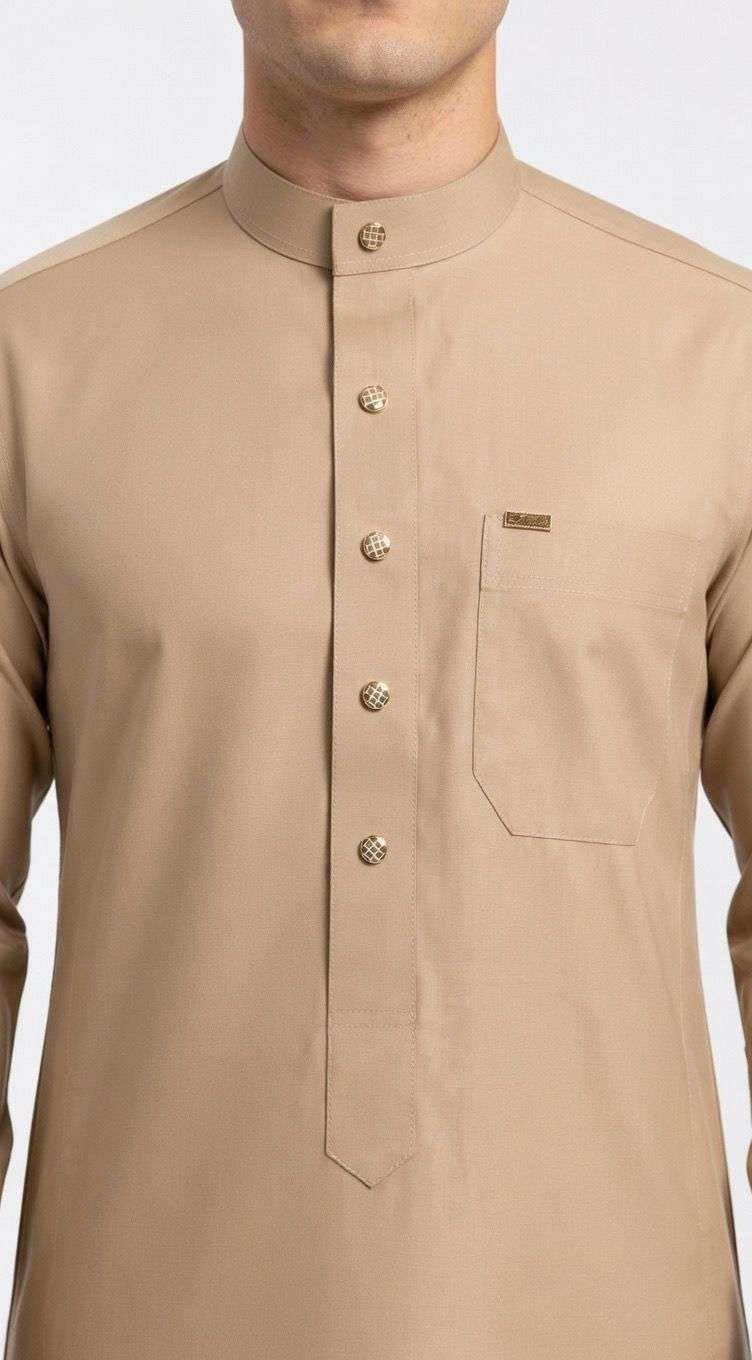 Desert khaki thobe with button-down placket for men, side profile view