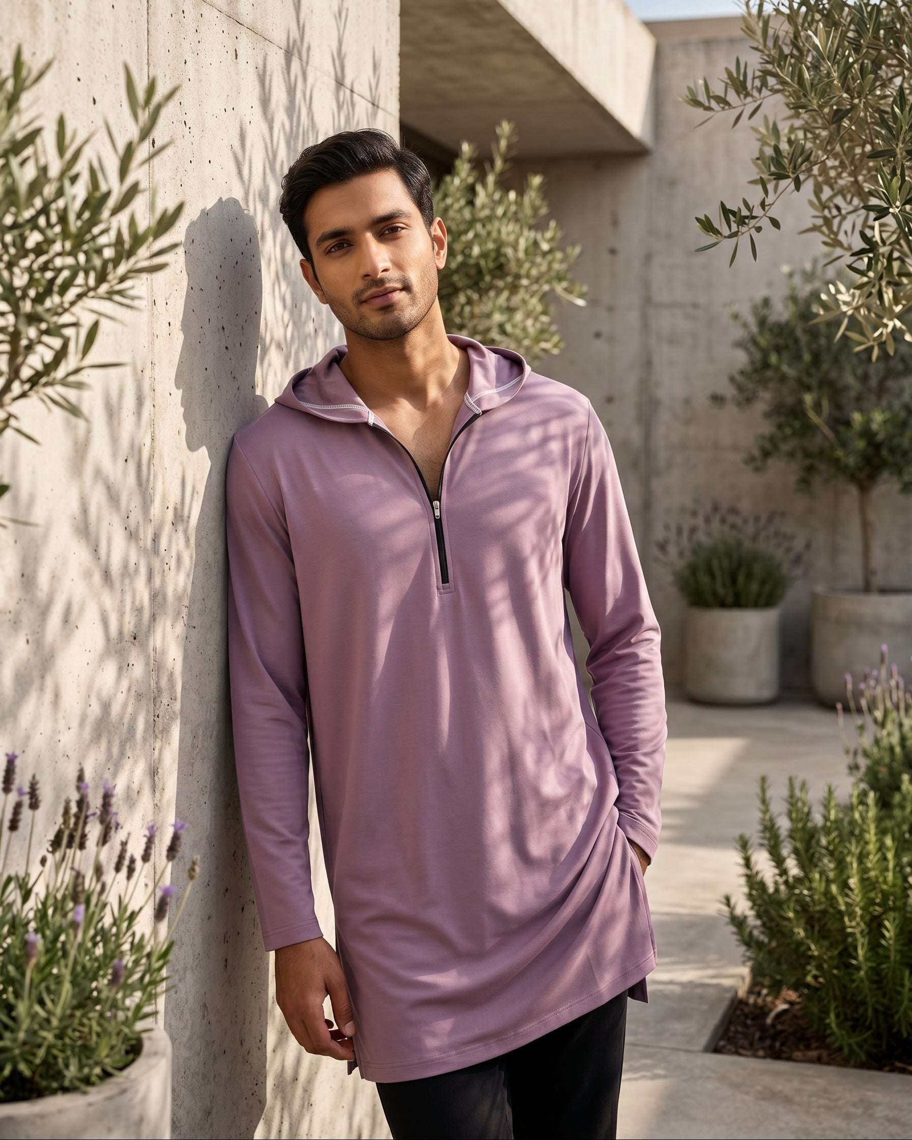 Dusty mauve hooded kurta with jersey half-zip for men, full front view