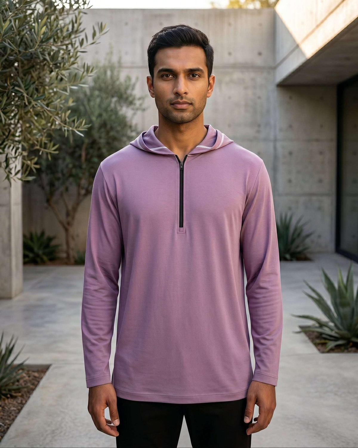 Dusty mauve hooded kurta with jersey half-zip for men, shown from the front