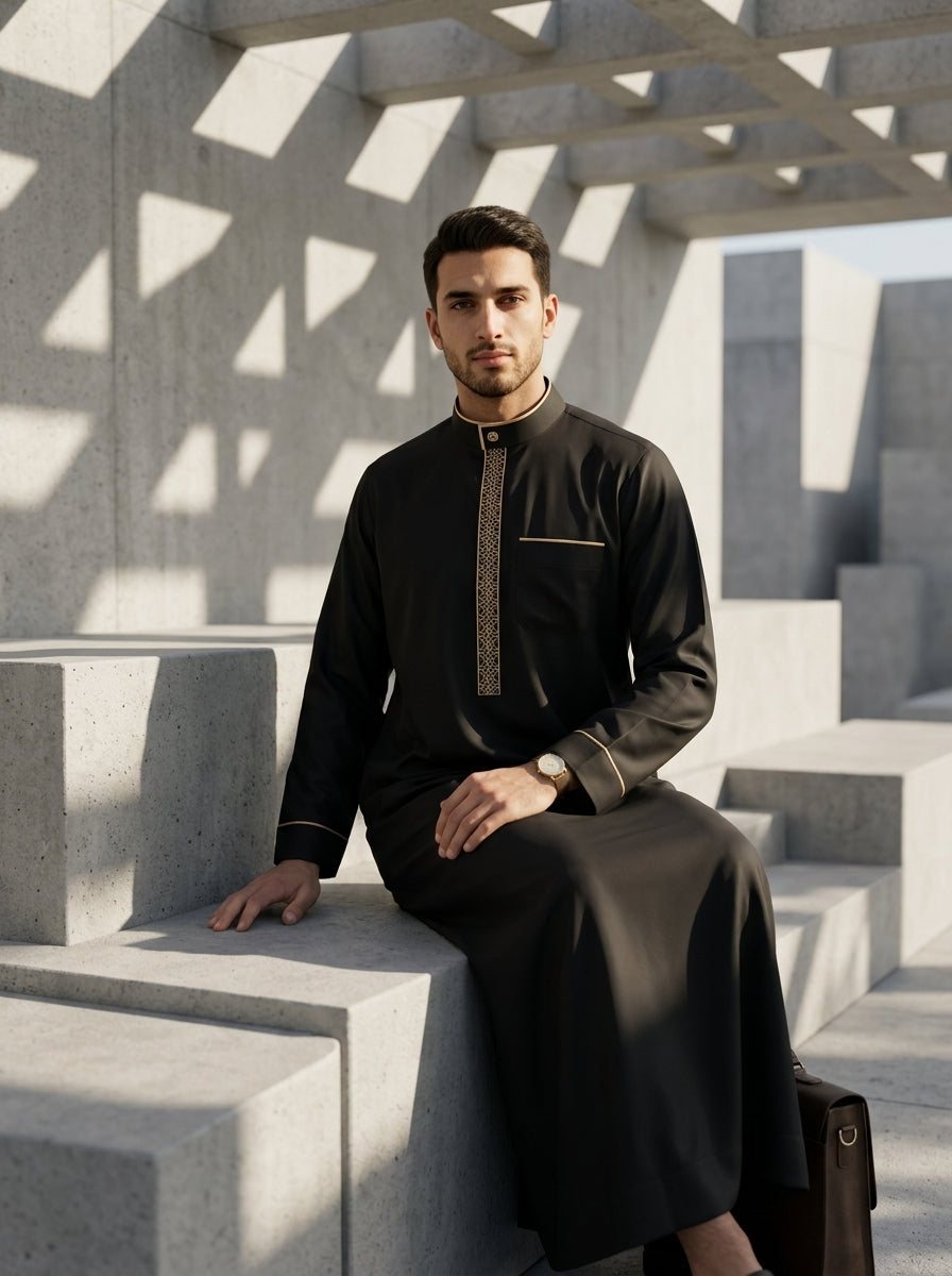 Premium Black Executive Thobe with Gold Embroidery