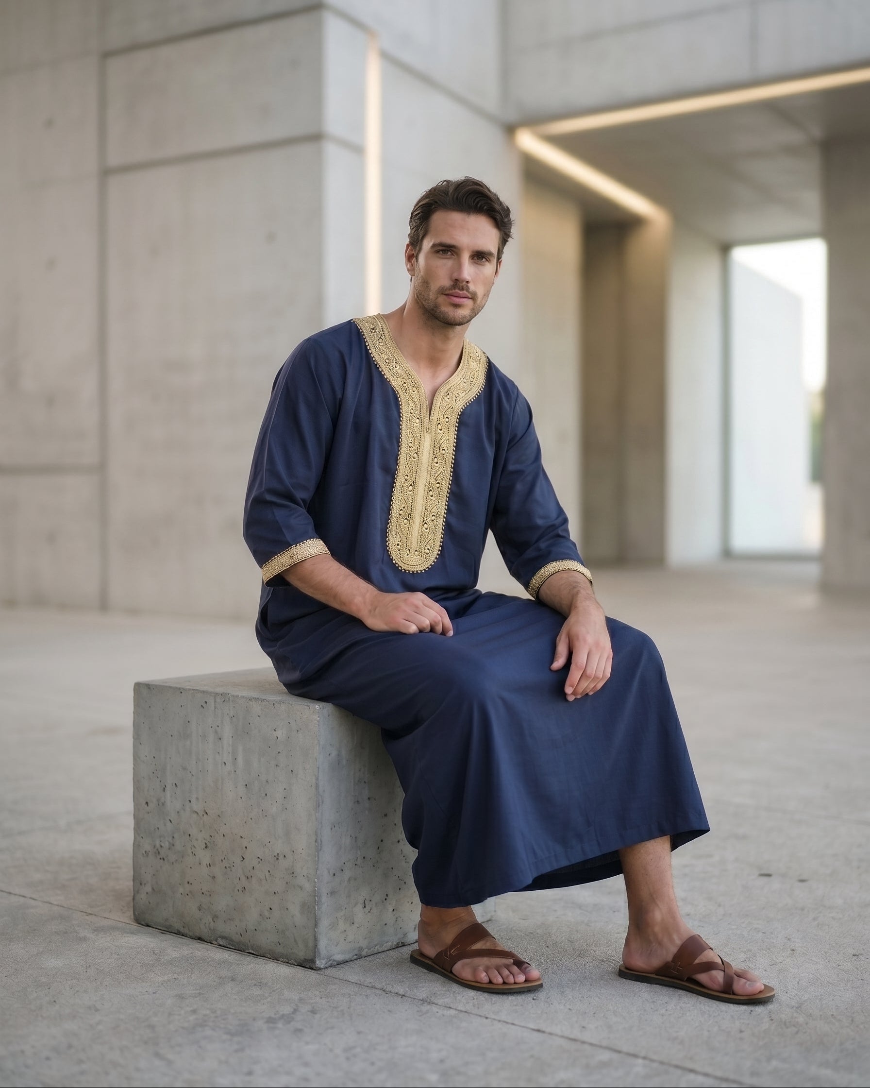 Elegant dark blue men's thobe with bold gold traditional embroidery, premium modest fashion, comfortable Friday prayer clothes, stylish Muslim men's apparel, high-quality Moroccan jubbah, designer Islamic garments.