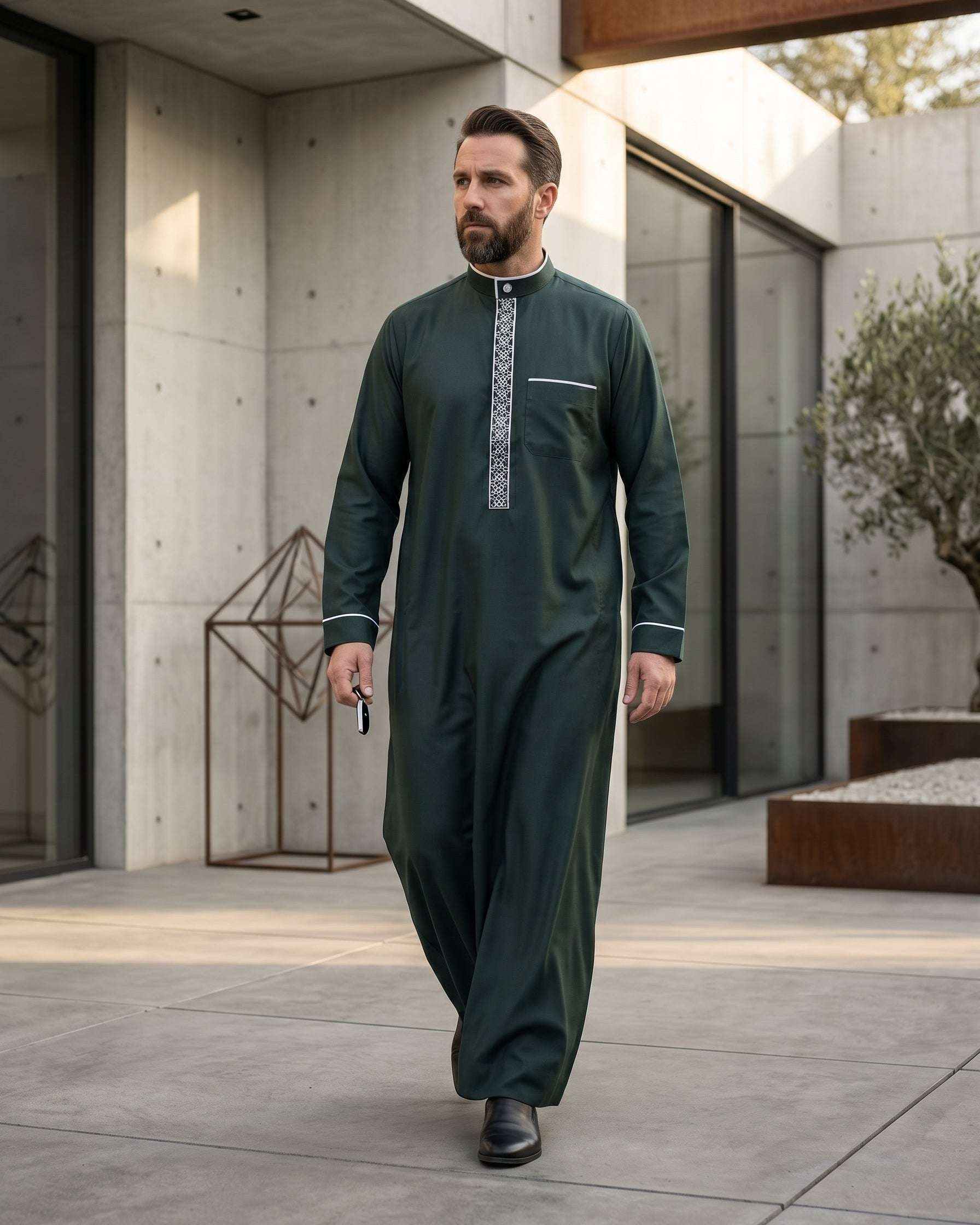 Emerald green executive thobe with geometric embroidery for men, full front view