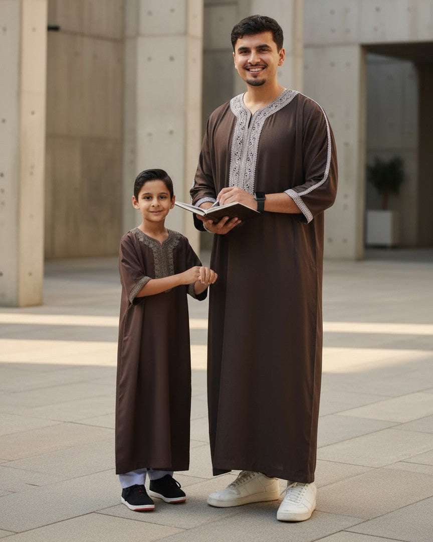 Espresso brown Moroccan thobe for men and boys, father and son matching set