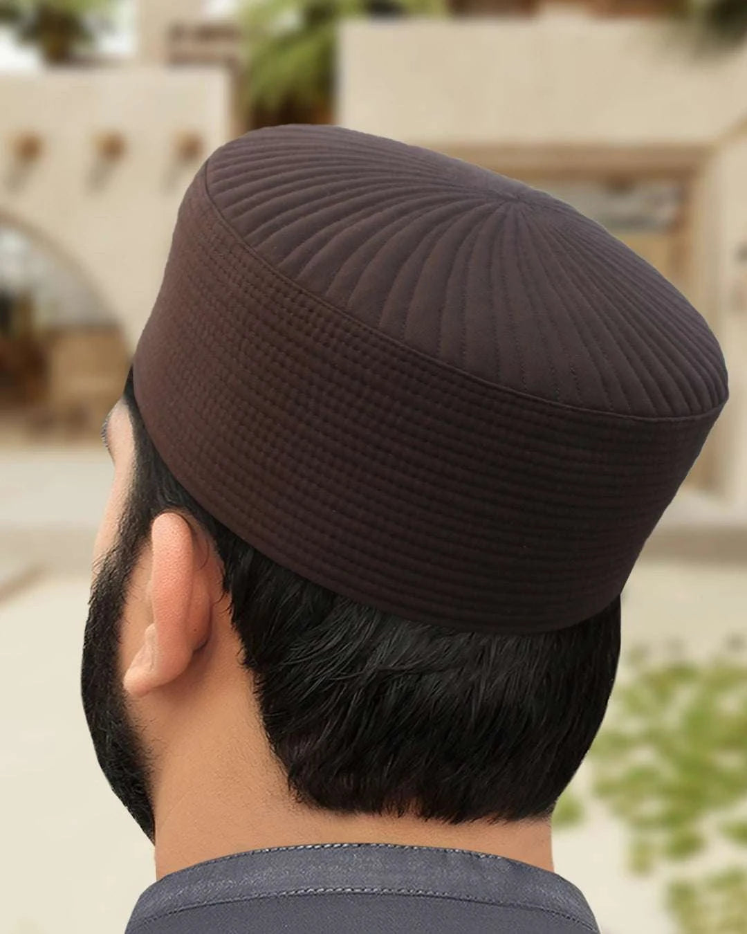 Chocolate brown lasting-fit kufi prayer cap for men, shown from behind