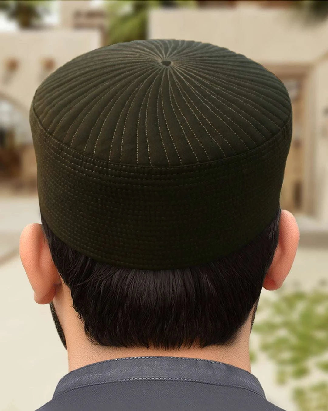 Dark olive lasting-fit kufi prayer cap for men, made for daily salah