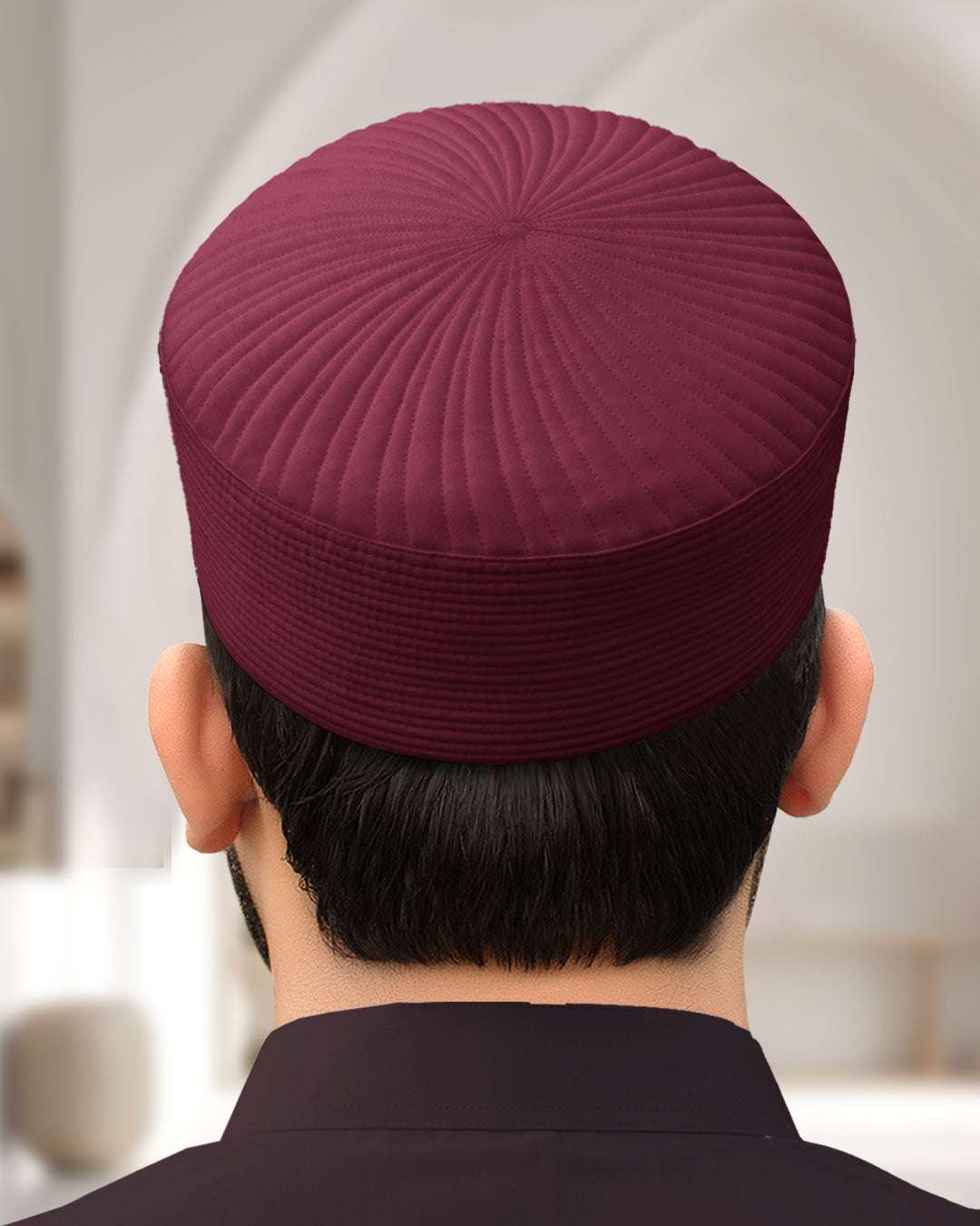 Maroon lasting-fit kufi prayer cap for men, close-up of the knit surface