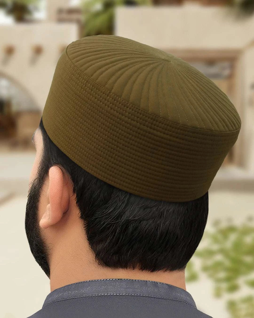 Smoky ash lasting-fit kufi prayer cap for men, fabric weave in close detail