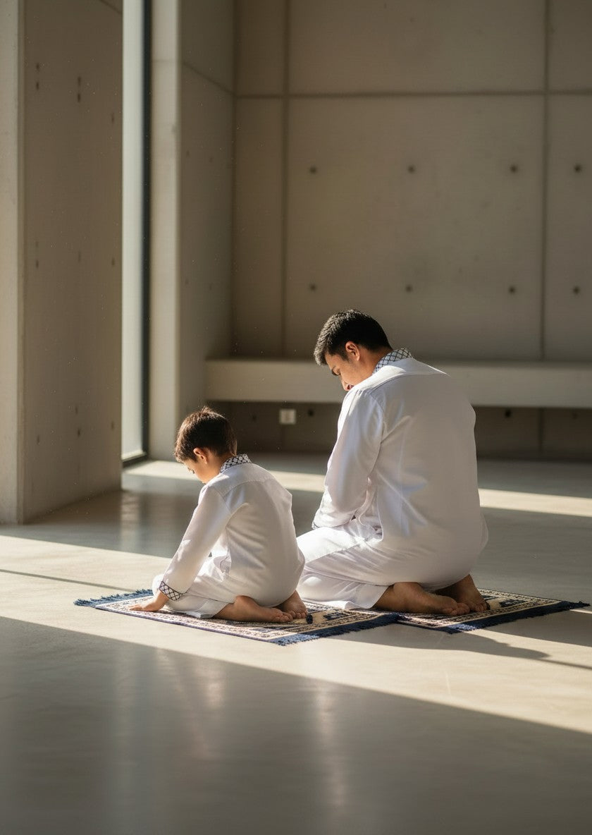 Father and son praying Salah on a prayer mat wearing matching white embroidered thobes. Spiritual Muslim family lifestyle, Jumuah prayer outfits, premium Islamic menswear, comfortable modest clothing for men and boys. Sunnah style jubba for daily prayers.