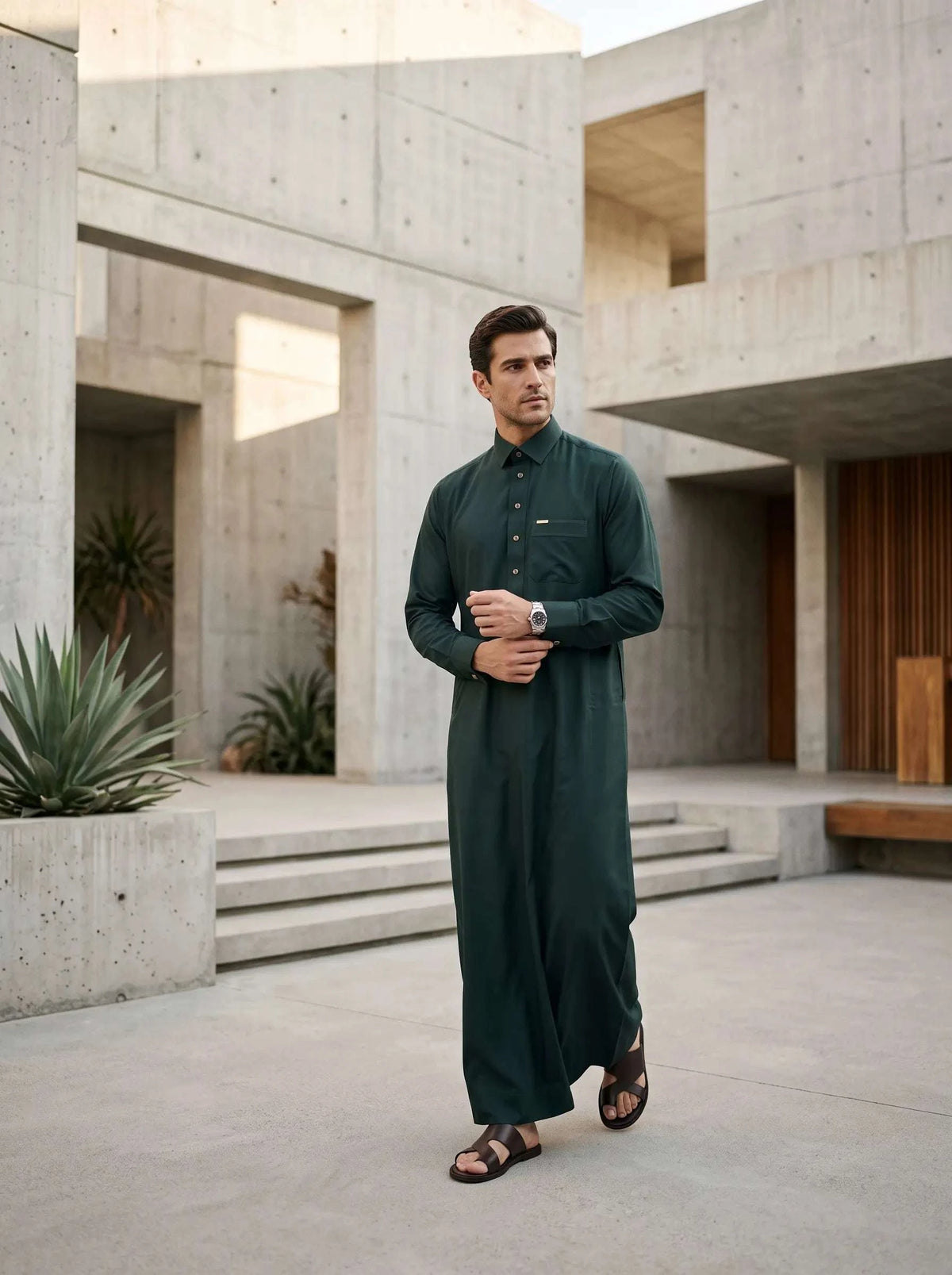 Forest green executive thobe with shirt collar for men, back view