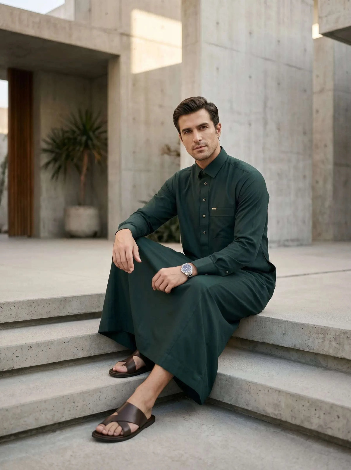 Forest green executive thobe with shirt collar for men, side profile view