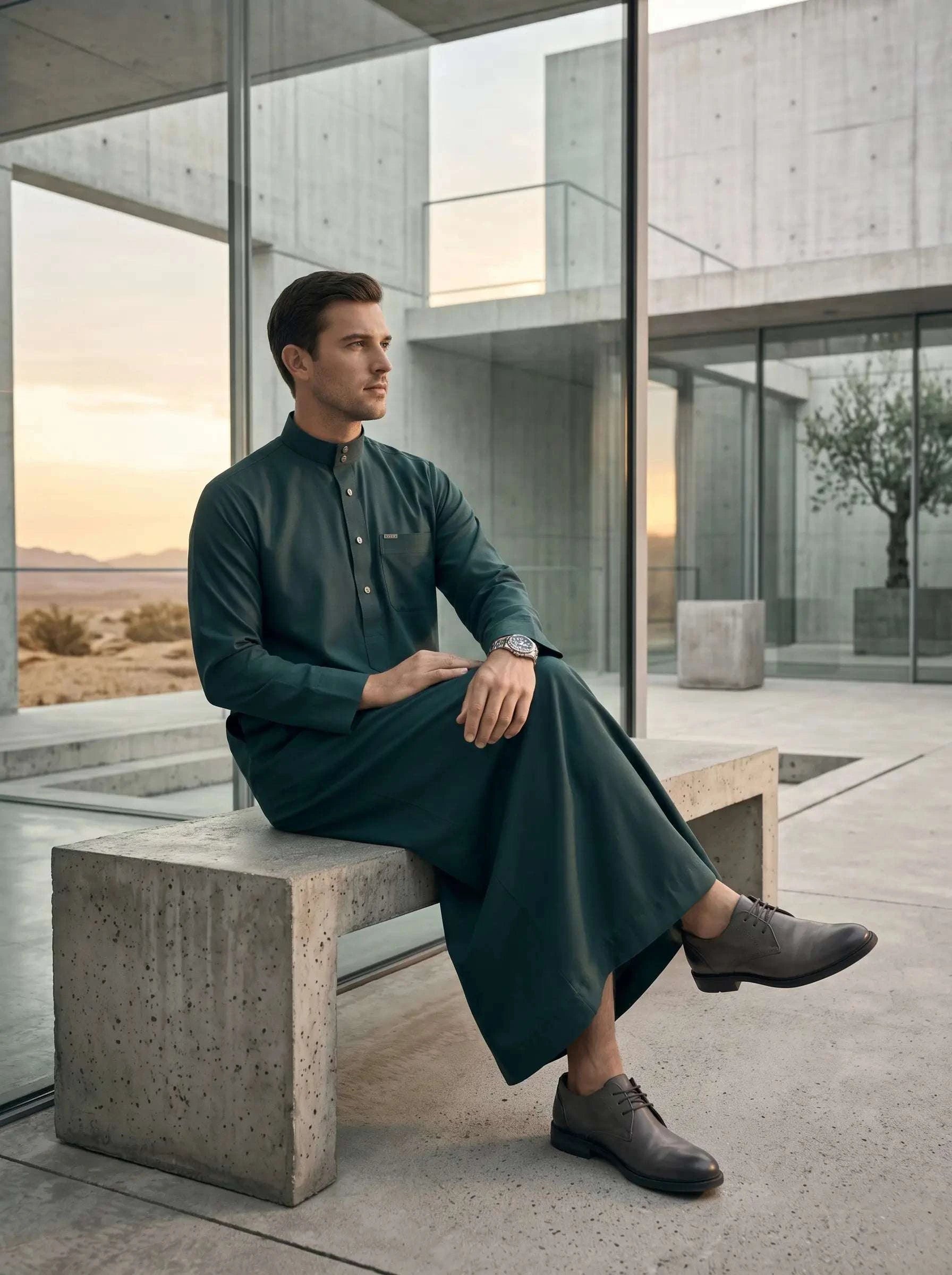 Forest green minimalist thobe for men, side profile view